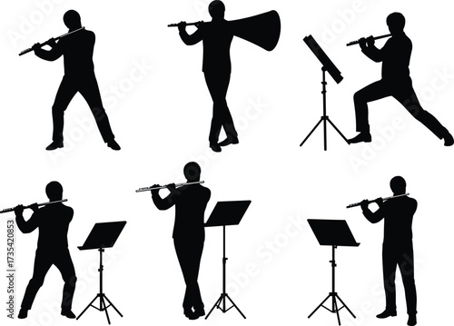 Silhouette flute players, musicians with music stands, flute performance, standing and dynamic
