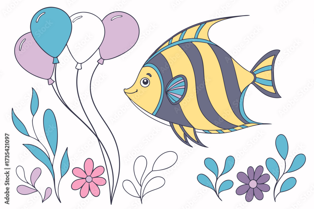 Fototapeta premium Cute cartoon angelfish with balloons and plants