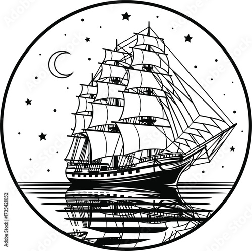 PrintVintage sailing ship vector illustration, nautical night scene with crescent moon, starry sky, ocean reflection, maritime adventure, black and white engraving style