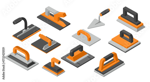 Isometric construction hand tools set with orange and gray accents