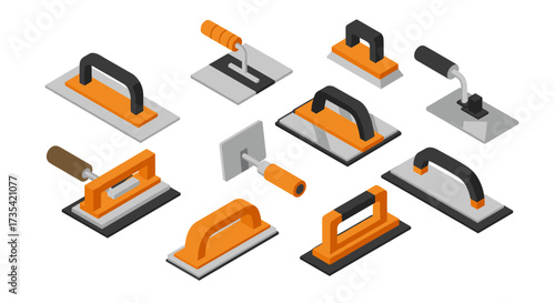 Isometric construction trowels collection detailed tool design set