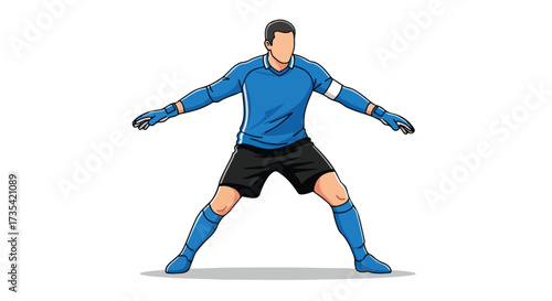 Illustration of a Prepared Goalkeeper in Blue Uniform Ready to Defend the Goal with Focused Stance and Protective Gloves Displaying Readiness and
