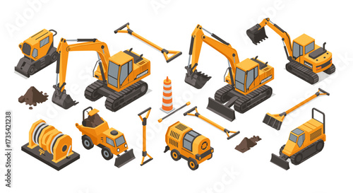 Isometric construction equipment set with excavators, bulldozers, and more