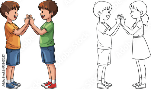 Cartoon children playing hand clapping game, boys and girls smiling together, childhood fun, friendship, coordination, playful activity, imagination, outdoor entertainment, joy