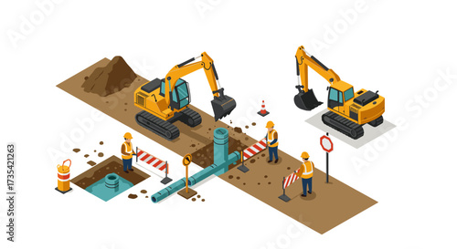 Isometric construction site with excavators and workers installing underground pipes