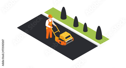Isometric road construction scene with worker operating machinery on asphalt path