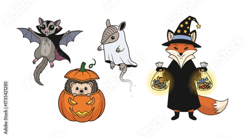 Halloween creatures and pumpkin: Adorable cartoon Halloween themed creatures, including a sugar glider, an armadillo, a hedgehog and a fox, against a clean backdrop.