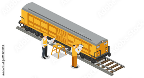 Isometric train engineers analyzing freight car on rails for maintenance