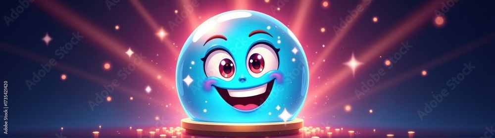 Fototapeta premium Cartoon blue crystal ball with a happy face and glowing eyes