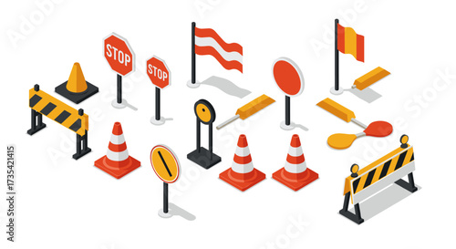 Isometric traffic signs and cones collection for road safety design