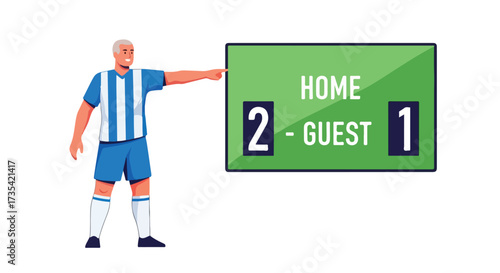 Soccer Referee Points to Scoreboard Depicting Home Team Leading Guest in a Competitive Match, Emphasizing the Triumph of the Home Team in the Stadium