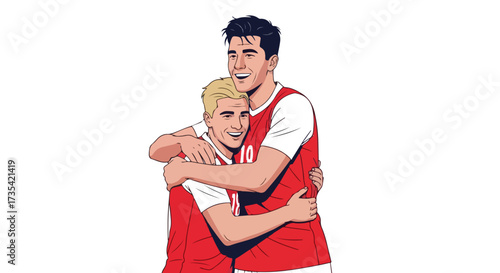 Illustration of two joyful soccer players embracing after a triumphant match victory celebration moment of unity and sportship dynamic teamwork
