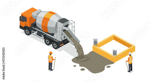 Cement mixer truck unloading concrete with construction workers in isometric style
