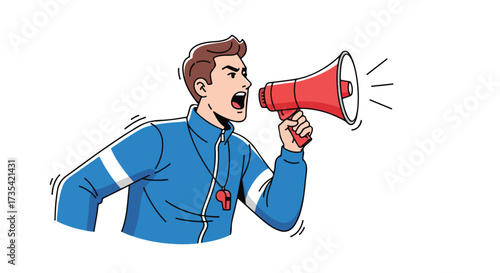 Energetic coach shouting directions through megaphone with determination and guidance for peak performance for his athletic team achievement