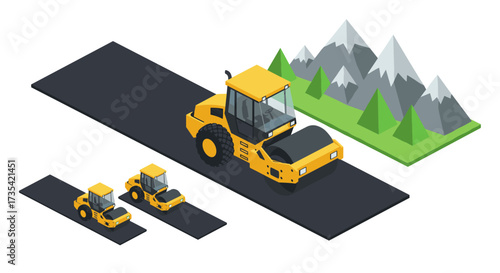 Isometric construction scene with road rollers and mountain background
