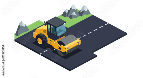 Isometric road construction scene with steamroller on asphalt