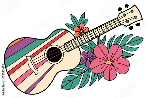 Colorful ukulele with tropical flowers and leaves