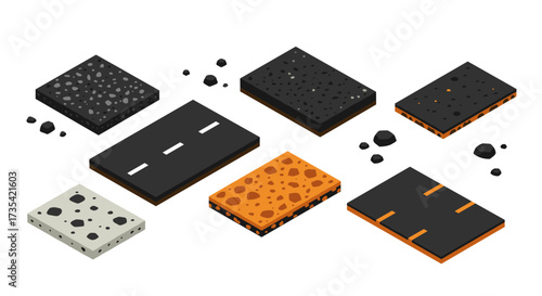 Isometric road and terrain layers with asphalt and lava segments