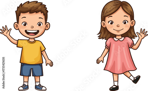 Cartoon children waving hello, friendly gesture, cheerful expression, happy kids, character illustration, childhood moment, smiling pose, welcoming action, playful greeting