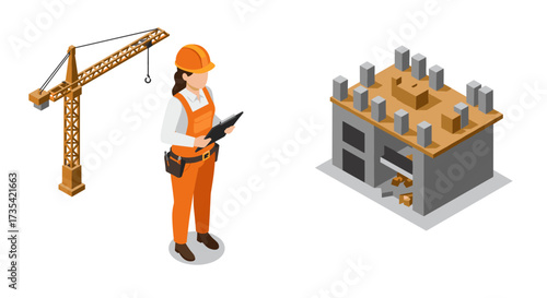 Construction scene with engineer, crane, and building project in isometric design