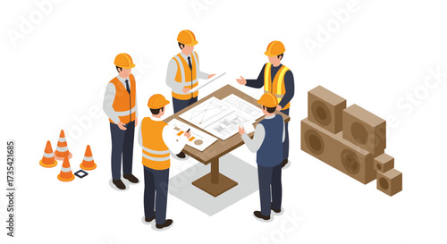 Construction planning meeting with engineers and architects in isometric style