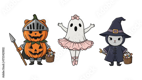 Halloween characters in costume: A charming Halloween scene featuring a pumpkin knight, a ballerina ghost, and a witch bunny. These adorable character costumes perfect for seasonal celebration.