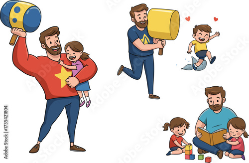 Cartoon father playing with children, parenting love, family bonding, reading book, building blocks, joyful lifestyle, happiness, affection, relationship, connection, childhood fun