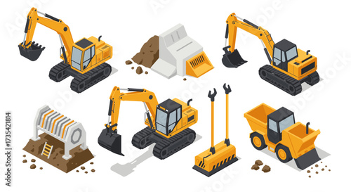 Isometric construction equipment set with excavators and bulldozers