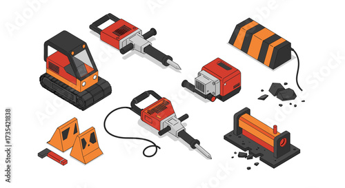 Industrial construction tools and equipment in isometric style featuring jackhammers and heavy machinery