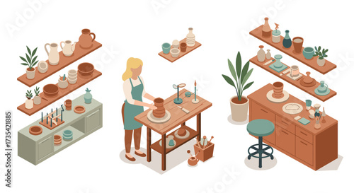Isometric pottery studio with artisan creating ceramic pieces and decor elements