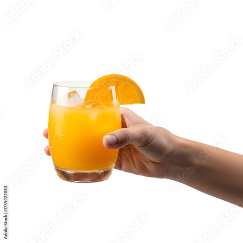 A refreshing glass of vibrant orange juice with ice and a fresh orange slice, held by a hand, perfect for a healthy and energizing summer drink.