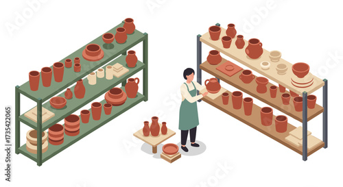 Isometric pottery workshop artisan at work with clay creations on shelves
