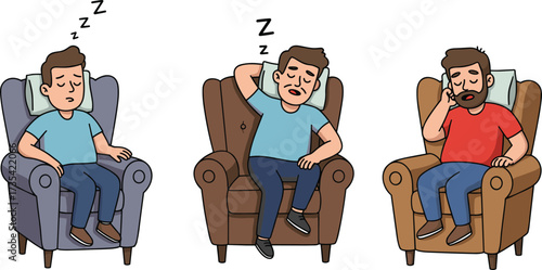 Cartoon man sleeping in armchair, funny rest positions, relaxed posture, cozy furniture, home comfort, lazy day, indoor illustration
