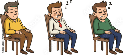 Cartoon man sleeping on chair, tired worker resting, office fatigue, lifestyle illustration, nap time, exhaustion, humor, relaxation, stress relief, break