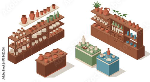 Isometric pottery shop with shelves and pottery collection in soft earth tones