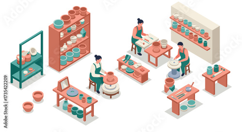 Creative pottery studio isometric design with crafting tables and artisans