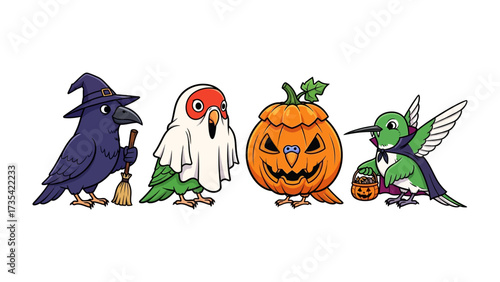 Spooky Halloween Avians: Four charming bird illustrations are transformed with imaginative Halloween costumes, showcasing a delightful fusion of nature and the spooky holiday spirit. 