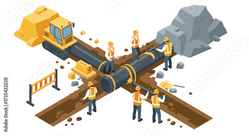 Construction crew installing underground pipeline in isometric design