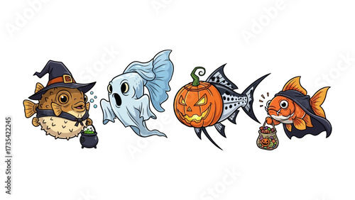 Spooky Sea Creatures: A quartet of charming, cartoonish sea creatures - a witchy pufferfish, a spectral ghostfish, a jack-o'-lantern-esque fish.