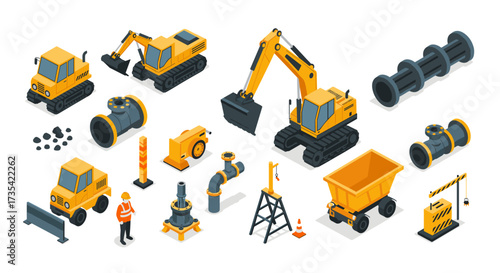 Isometric construction site equipment with excavators, trucks, and pipes