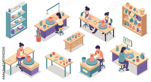 Isometric pottery workshop artists crafting clay in creative studio setting