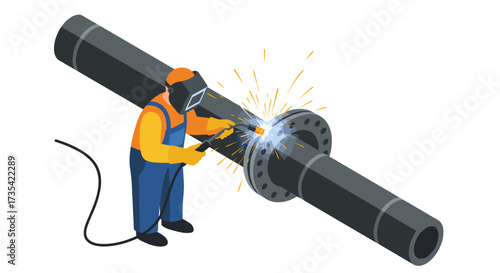 Isometric welder repairing industrial pipe with sparks