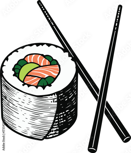 Continuous line art of sushi roll with chopsticks 3