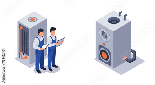 Modern isometric concepts of hvac systems and technicians in uniform