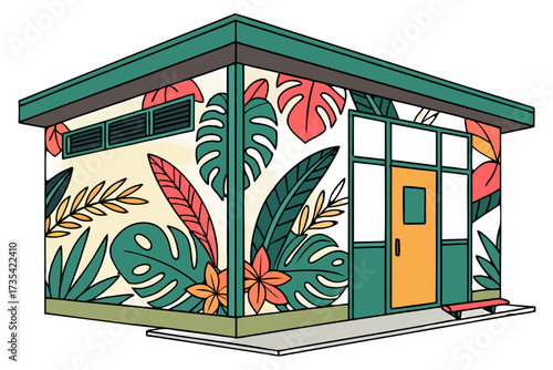 Building facade decorated with tropical leaves and flowers