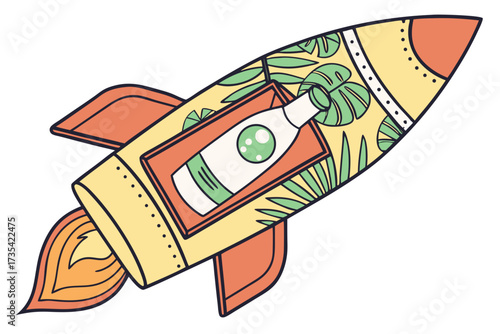 Retro rocket ship carrying a tropical drink