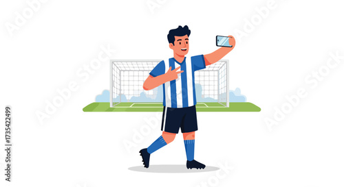 Soccer player taking a celebratory selfie with a smartphone in front of goalpost on the field with victory sign, capturing a winning moment