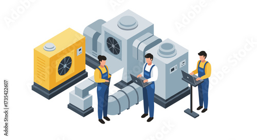 Isometric hvac repair with technicians analyzing ventilation systems