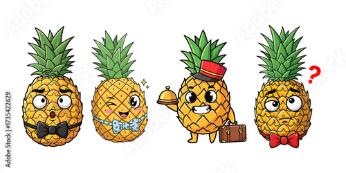 Expressive Pineapple Character Set Surprised Winking Bellhop and Confused