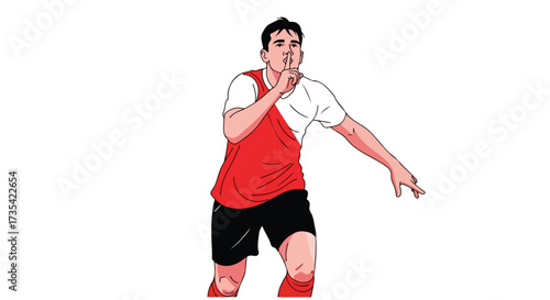 Illustration displaying a football player signaling silence, in a simplistic vector style showcasing triumph and strategic maneuver on a white